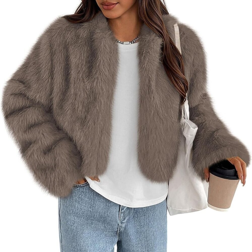 Women's Taupe Winter Coats Fluffy Cropped Faux Fur Jacket Long Sleeve Open Front